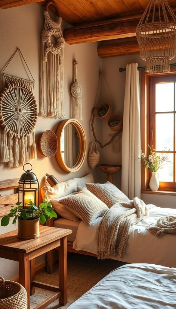 A cozy, earthy bedroom scene bathed in warm, golden light. In the foreground, a handcrafted wooden nightstand holds a lush potted plant and a lantern with a flickering flame. Hanging from the ceiling, intricate macrame wall hangings create a soothing, natural ambiance. The middle ground features a plush, organic cotton bedding set with a hand-knitted throw blanket. Woven baskets and a driftwood mirror adorn the walls, while a small, rustic side table supports a carved wooden bowl filled with river stones. The background showcases a large window, letting in soft, diffused daylight that highlights the textural, earthy tones throughout the space.