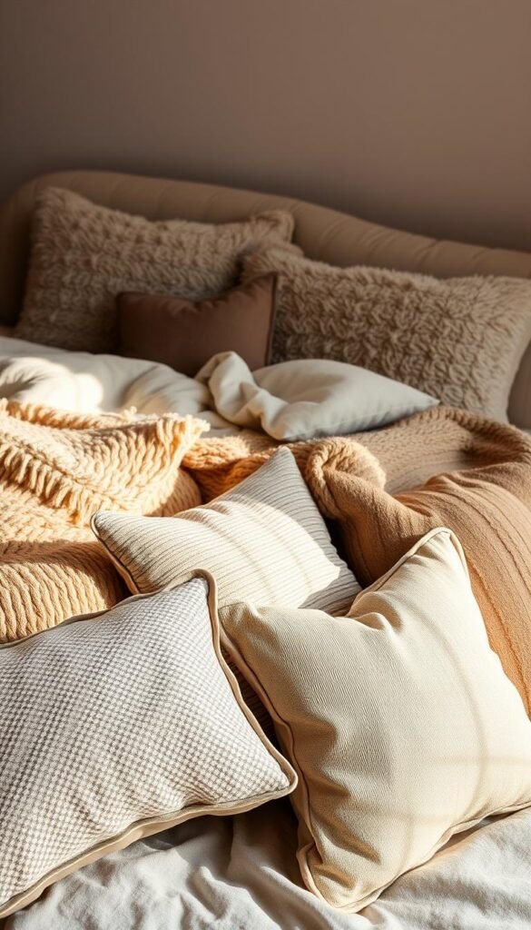 A cozy, earthy bedroom scene featuring a plush, textured duvet cover in a neutral tone, layered with a fuzzy throw blanket in a contrasting natural hue. In the foreground, an array of decorative pillows in various patterns and materials, such as woven, velvet, and linen, create a visually interesting and tactile composition. The bedding is illuminated by warm, diffused lighting, casting gentle shadows that accentuate the depth and dimensionality of the layered textiles. The overall atmosphere is one of comfort, warmth, and a modern, organic aesthetic, evoking a serene and inviting sanctuary.