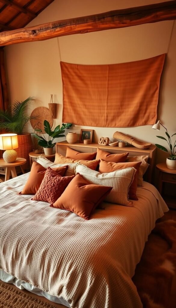 A cozy, earthy bedroom scene with a warm, inviting color palette. In the foreground, a large, plush bed with a textured, neutral-toned comforter and an array of throw pillows in earthy hues like rust, olive, and ochre. Nightstands on either side feature natural wood or rattan lamps casting a soft, ambient glow. The middle ground showcases natural elements like woven baskets, potted plants, and wooden or rattan accents. In the background, a wall adorned with warm-toned art prints or tapestries, complemented by a rustic, exposed-beam ceiling and hardwood floors. The overall atmosphere is one of comfort, relaxation, and a connection to nature.