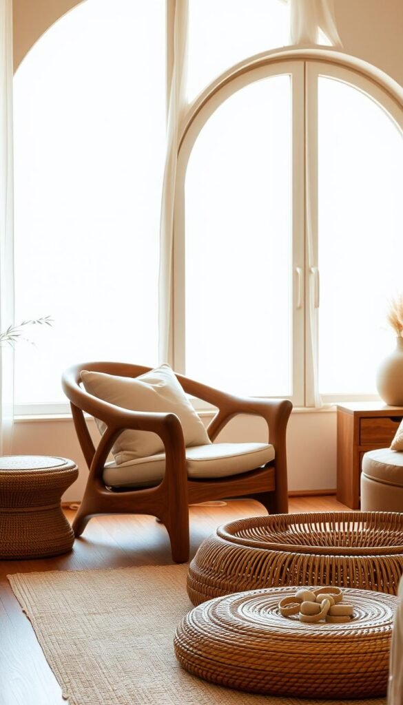 A cozy, earthy bedroom setting featuring natural material furniture with organic shapes. In the foreground, a handcrafted wooden armchair with a curved backrest and a soft, linen cushion. In the middle ground, a low, oval-shaped coffee table made of rattan, accompanied by a woven floor pouf. The background showcases a large, arched window that floods the space with warm, diffused natural light, illuminating the textures of the furnishings. The overall atmosphere is one of tranquility and simplicity, inviting relaxation and a connection with nature.