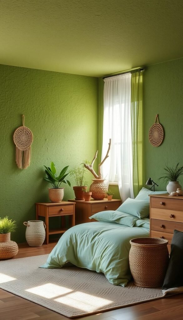 A cozy, earthy bedroom with a harmonious palette of verdant greens. Lush, textured walls in a deep, mossy hue create a calming, nature-inspired ambiance. Soft, plush bedding in a lighter sage tone offers a soothing contrast, while a wooden nightstand and dresser add warmth and grounding. Sunlight filters in through sheer curtains, casting a gentle, luminous glow. Potted plants and natural accents, such as woven baskets and driftwood, infuse the space with a vibrant, lived-in feel. The overall composition evokes a serene, rejuvenating atmosphere, perfect for an earthy, nature-inspired bedroom retreat.