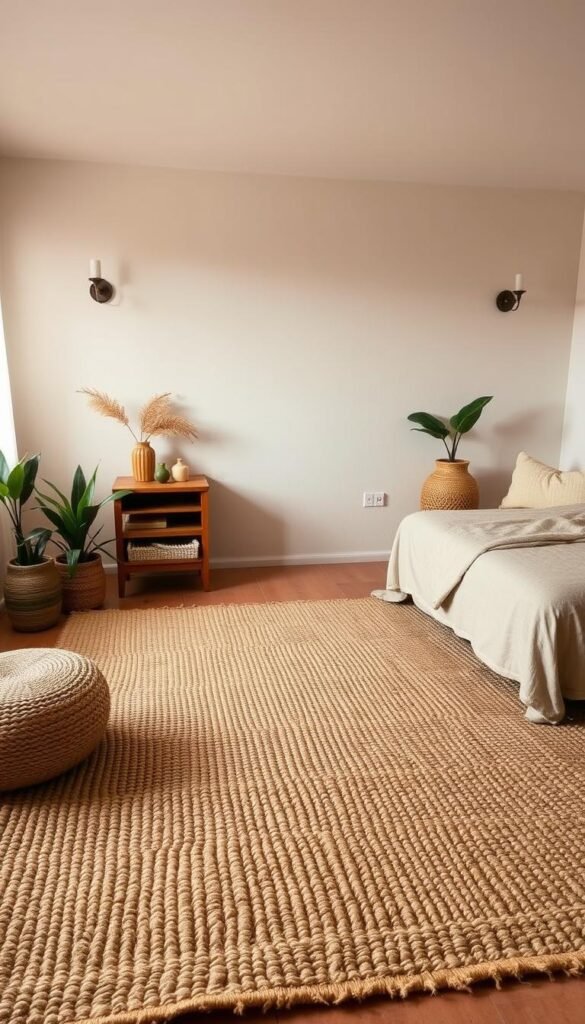 A cozy, earthy bedroom with a natural fiber rug as the central focal point. The rug is woven from jute or sisal, its intricate texture and neutral tones blending seamlessly with the room's palette of warm beiges, browns, and ochres. Soft, diffused lighting from a pair of wall sconces casts a gentle glow, highlighting the rug's organic beauty. The bedroom's other furnishings - a low-profile bed, a wooden nightstand, and a plush armchair - complement the rug's natural aesthetic, creating a harmonious, grounding atmosphere. Potted plants and woven accents add further layers of texture, completing the serene, nature-inspired ambiance.