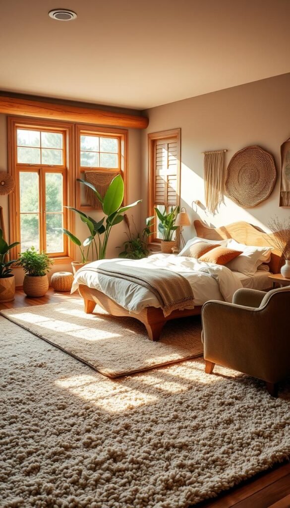 A cozy, earthy bedroom with a plush, textured rug underfoot and a warm, natural palette. Sunlight streams in through large windows, casting a golden glow on the rustic wood furniture and lush, verdant plants. A sumptuous, organic-shaped bed is dressed in crisp linens and soft throws, inviting relaxation. The walls are adorned with natural textures like woven wall hangings and earthy-toned artwork. Indirect lighting casts a gentle ambiance, while a large, inviting armchair in a complementary hue beckons for curling up with a book. The overall atmosphere is one of comfort, serenity, and a connection to the natural world.