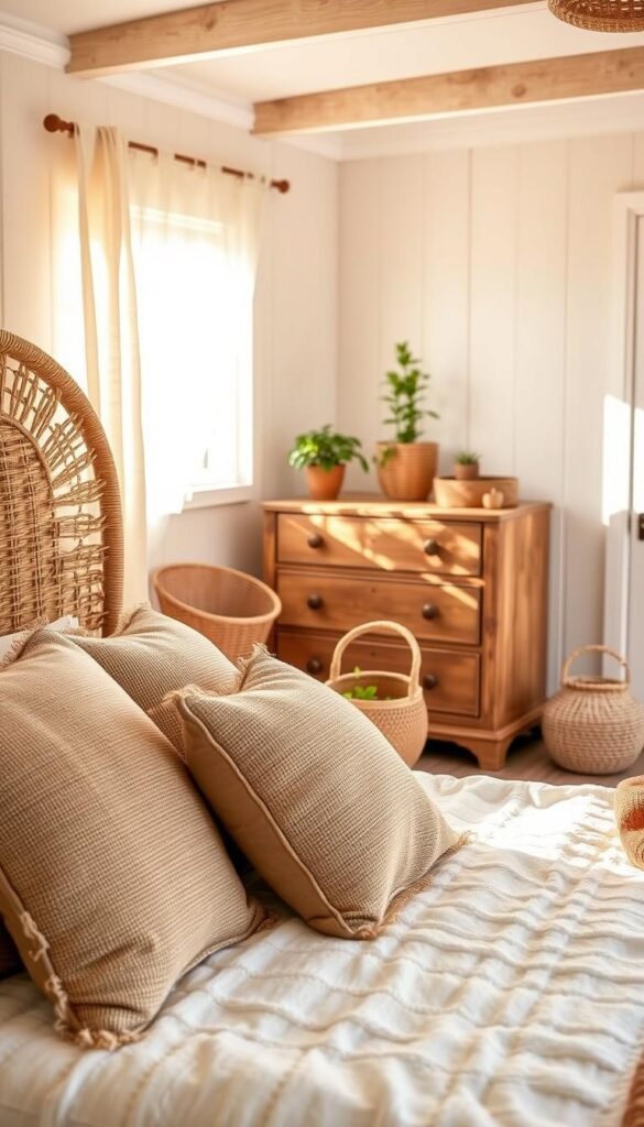 A cozy, earthy bedroom with warm, natural textures. In the foreground, a woven rattan headboard frames the bed, its organic silhouette complemented by jute throw pillows and a plush, textured area rug. Sunlight filters through sheer curtains, casting a soft, golden glow across the space. In the middle ground, a wooden dresser with rattan accents stands tall, while a woven basket and potted plants add pops of greenery. The background features whitewashed walls, enhancing the calming, rustic ambiance. The overall atmosphere is one of relaxation and harmony, reflecting the natural, earthy tones of the "Incorporate Earthy Elements and Organic Textures" section.