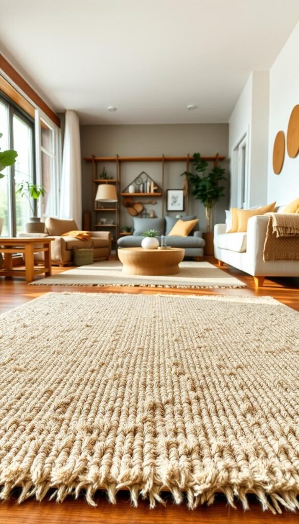 A cozy, earthy living space anchored by a lush, natural fiber rug. In the foreground, a plush jute or sisal rug with a subtle pattern and soft texture covers the hardwood floor, its earthy tones grounding the room. In the middle ground, a mix of natural materials like wood, leather, and woven accents create a harmonious, modern aesthetic. Indirect lighting casts a warm, inviting glow, while large windows allow natural light to flood the space. In the background, neutral-toned walls and simple, minimalist decor allow the rug to be the star of the show, its presence effortlessly tying the room together and creating a sense of natural comfort and calm. A cozy, earthy living space anchored by a lush, natural fiber rug. In the foreground, a plush jute or sisal rug with a subtle pattern and soft texture covers the hardwood floor, its earthy tones grounding the room. In the middle ground, a mix of natural materials like wood, leather, and woven accents create a harmonious, modern aesthetic. Indirect lighting casts a warm, inviting glow, while large windows allow natural light to flood the space. In the background, neutral-toned walls and simple, minimalist decor allow the rug to be the star of the show, its presence effortlessly tying the room together and creating a sense of natural comfort and calm.