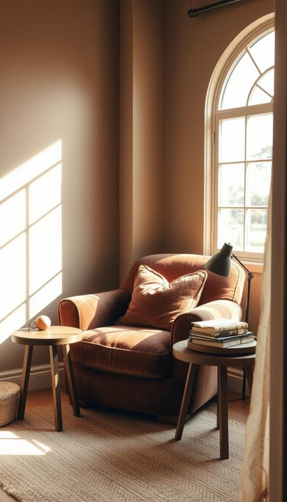 A cozy, earthy reading nook with a plush, overstuffed armchair nestled in a sunlit corner. The chair is upholstered in a rich, textured fabric like velvet or corduroy, with a large, soft throw pillow. Next to the chair, a small, rustic wooden side table holds a stack of well-worn books and a simple, minimalist table lamp. In the background, a large, arched window floods the space with warm, natural light, casting a soft glow over the scene. The walls are painted in a muted, earthy tone, and a textured, neutral-toned area rug grounds the space, creating a sense of comfort and relaxation. The overall atmosphere is one of effortless, Bohemian elegance.