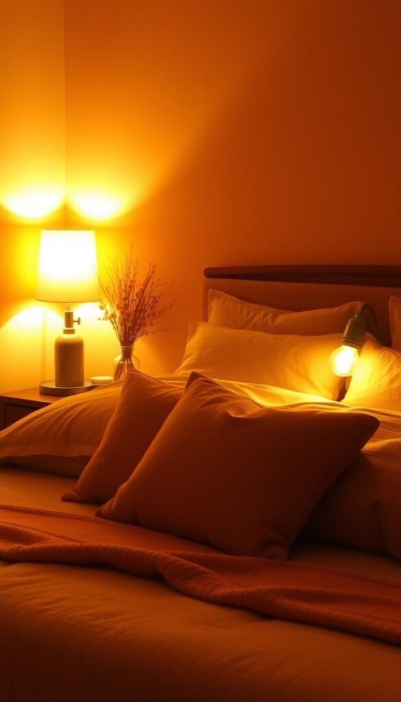 A cozy, earthy-toned bedroom bathed in warm, ambient lighting. The scene features a large, plush bed with fluffy pillows and a soft, woven blanket. Soft, diffused light emanates from a pair of vintage-inspired bedside lamps, casting a golden glow across the room. In the corner, a minimalist floor lamp casts additional warm light, highlighting the natural textures of the wooden furniture and earthy accents. The walls are painted in a soothing, terracotta hue, complemented by earthy-toned decor elements. An overall sense of serenity and relaxation permeates the space.