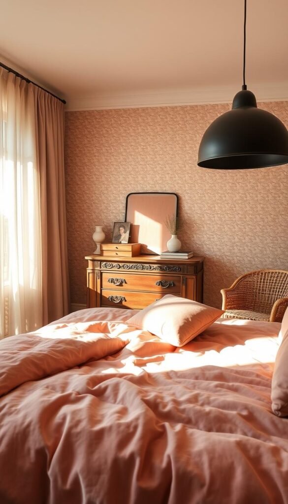 A cozy, earthy-toned bedroom with a variety of textured elements. In the foreground, a plush, soft-pink velvet duvet and matching throw pillows. Sunlight filters through sheer, linen curtains, casting a warm glow. In the middle ground, a wooden dresser with intricate carved details, and a woven rattan armchair. On the walls, a textured beige wallpaper with subtle patterns. Overhead, a matte black metal pendant light casts dramatic shadows. The overall atmosphere is one of relaxed sophistication, with each element contributing to a sense of depth and visual interest.