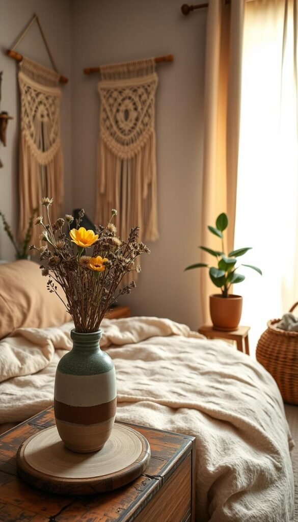 A cozy, earthy-toned bedroom with personal accents scattered throughout. In the foreground, a handcrafted ceramic vase filled with dried wildflowers sits atop a rustic wooden nightstand. Midground features a plush, earth-tone textured bedding and a hand-woven macrame wall hanging. The background has warm, indirect lighting filtering through sheer linen curtains, casting a soft glow over the space. Subtle textures and organic elements, like a potted fiddle-leaf fig and woven basket, infuse the minimalist space with a sense of warmth and individuality.