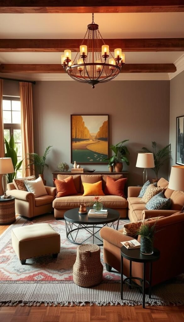 A cozy, eclectic living room with a harmonious color palette. The focal point is a large, plush sofa in a rich, earthy tone, complemented by two armchairs in complementary shades. A handwoven rug in muted hues anchors the space, while pops of accent colors like mustard, rust, and sage green are sprinkled throughout the room in the form of throw pillows, artwork, and potted plants. Warm, diffused lighting from a statement chandelier and floor lamps creates a inviting, relaxed ambiance. The overall effect is a cohesive, visually appealing space that seamlessly blends diverse design elements.