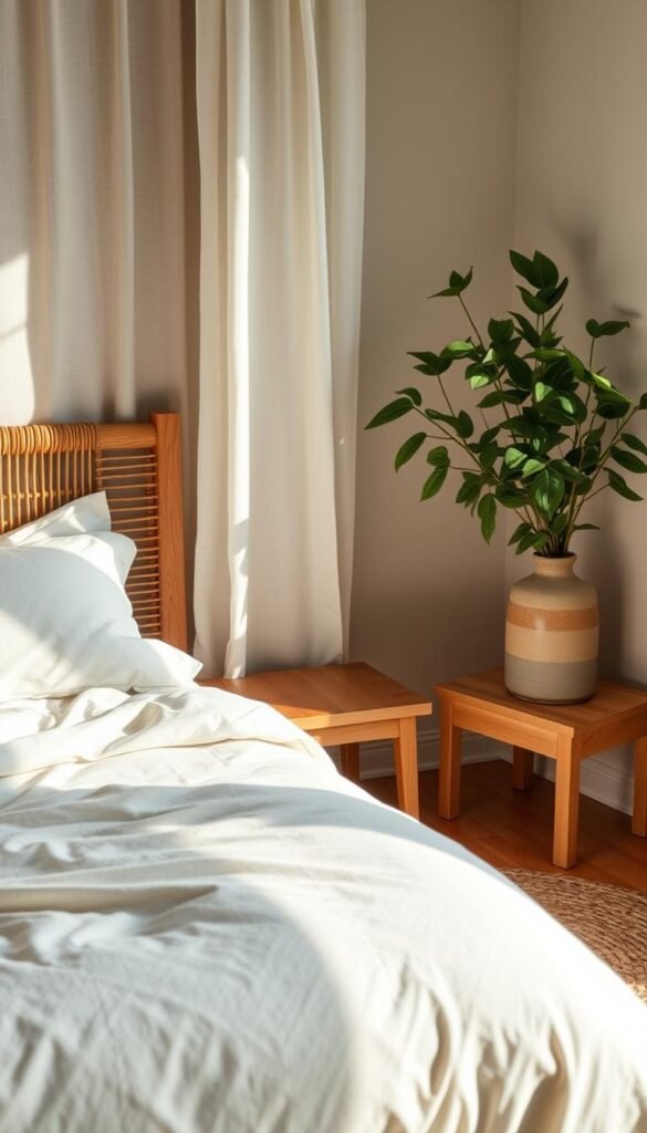 A cozy, eco-friendly bedroom with natural materials and soothing green tones. In the foreground, a plush organic cotton duvet cover adorns a sturdy wooden bed frame, complemented by a woven rattan headboard. Soft ambient lighting filters through sheer linen curtains, casting a warm glow. In the middle ground, a solid wood nightstand holds a ceramic lamp and vase filled with lush, leafy plants. The background features a textured natural fiber area rug, accentuating the earthy, sustainable aesthetic. Gentle shadows create depth and dimension, evoking a sense of tranquility and harmony.