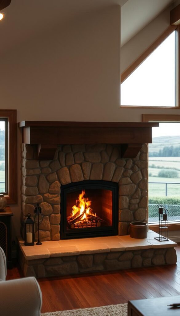 A cozy farmhouse fireplace with a rustic stone hearth stands as the focal point of a warm and inviting living space. Soft, ambient lighting casts a gentle glow, illuminating the weathered wood mantel and the intricately textured stone that surrounds the firebox. The fireplace is positioned at the center of the room, drawing the eye and radiating a sense of comfort and hominess. The scene is framed by a panoramic window, offering a picturesque view of a pastoral landscape beyond, blending the indoor and outdoor spaces seamlessly. The overall atmosphere evokes a charming, countryside ambiance, perfect for a relaxing and enjoyable modern farmhouse living room experience.
