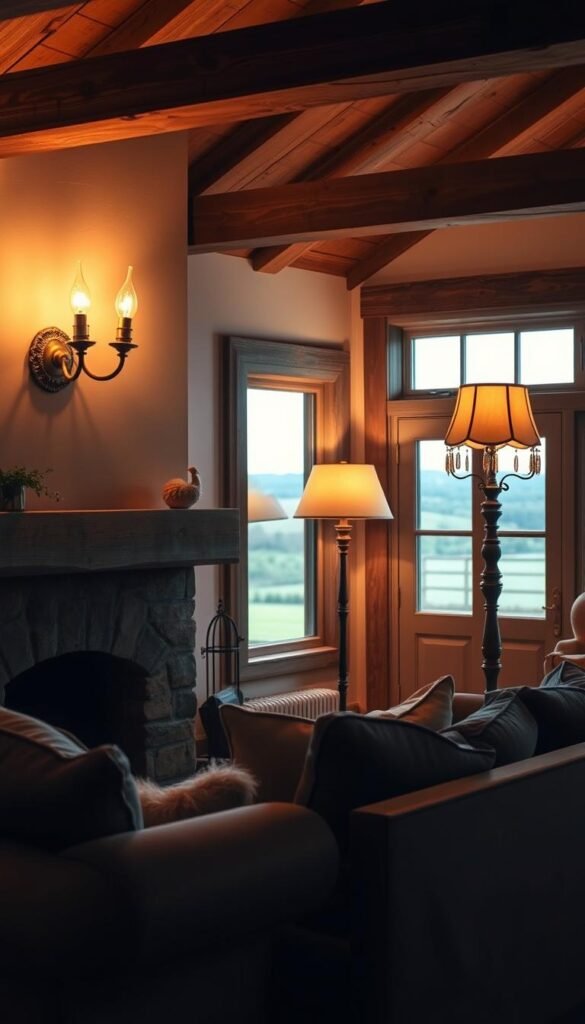 A cozy farmhouse living room, bathed in the warm glow of vintage-inspired lighting. A pair of antique brass sconces flank a rustic wooden mantelpiece, their soft illumination casting a gentle ambiance across the space. In the corner, an ornate floor lamp with a parchment shade casts a mellow light, complementing the inviting atmosphere. The room is filled with natural textures, from the weathered wood beams to the plush, earthy-toned area rug, creating a harmonious and serene setting. Soft, diffused lighting from a large window overlooking a rolling countryside landscape completes the tranquil, countryside-inspired vibe.