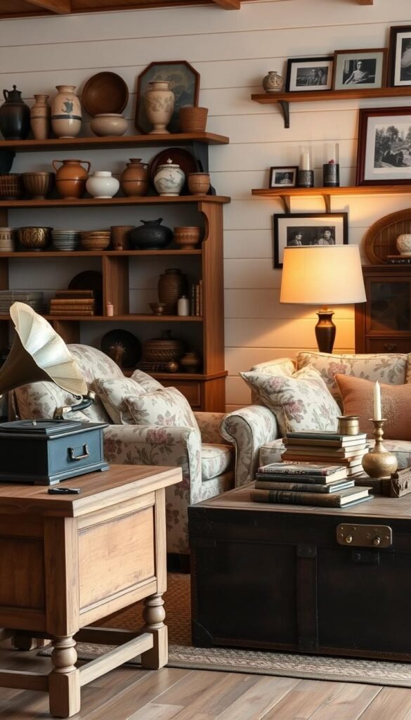 A cozy farmhouse living room with a mix of vintage and antique decor pieces. In the foreground, a rustic wooden side table displays an old gramophone, ceramic vases, and a tarnished silver candle holder. In the middle ground, an overstuffed armchair with a floral upholstery pattern sits next to a weathered trunk that serves as a coffee table, adorned with stacks of vintage books and a brass table lamp. The background features a shiplap wall with wall-mounted shelves housing an assortment of aged ceramics, woven baskets, and framed black-and-white photographs. Warm, soft lighting emanates from the lamp and candles, creating a inviting, nostalgic ambiance.