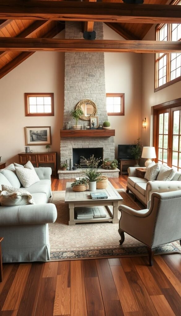 A cozy farmhouse living room with a plush, oversized sofa in soft gray upholstery, accented by rustic wooden beams and a stone fireplace. A farmhouse-style coffee table with distressed wood finish sits in the middle, topped with natural decor elements like woven baskets and potted plants. Warm, ambient lighting floods the space through large windows, creating a serene and inviting atmosphere. The floors are wide-plank hardwood, complemented by a vintage area rug in earthy tones. A few vintage armchairs in neutral fabrics complete the refined, yet relaxed aesthetic. A cozy farmhouse living room with a plush, oversized sofa in soft gray upholstery, accented by rustic wooden beams and a stone fireplace. A farmhouse-style coffee table with distressed wood finish sits in the middle, topped with natural decor elements like woven baskets and potted plants. Warm, ambient lighting floods the space through large windows, creating a serene and inviting atmosphere. The floors are wide-plank hardwood, complemented by a vintage area rug in earthy tones. A few vintage armchairs in neutral fabrics complete the refined, yet relaxed aesthetic.