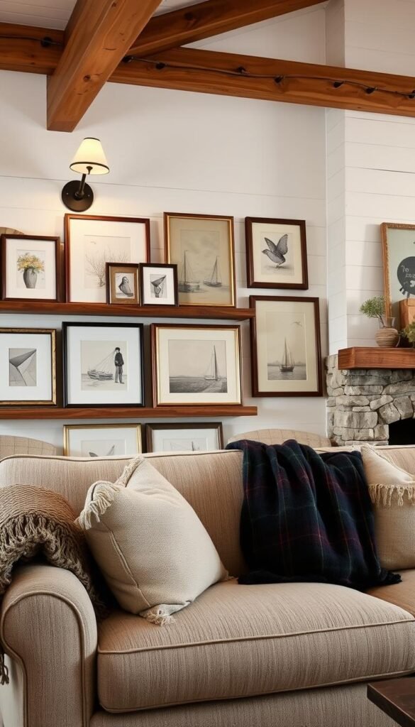 A cozy farmhouse living room with an inviting gallery wall arrangement. In the foreground, a mix of framed artwork in various sizes and styles - oil paintings, sketches, and vintage-inspired prints - are displayed with care on rustic wood shelves. Neutral tones and natural textures, like linen and distressed wood, create a warm, lived-in ambiance. Soft task lighting from sconces above casts a gentle glow, highlighting the curated collection. In the middle ground, a plush, overstuffed sofa invites relaxation, complemented by plaid throw pillows and a knit blanket. The background features exposed wooden beams, whitewashed walls, and a stone fireplace mantel adorned with potted greenery, completing the cozy farmhouse aesthetic.