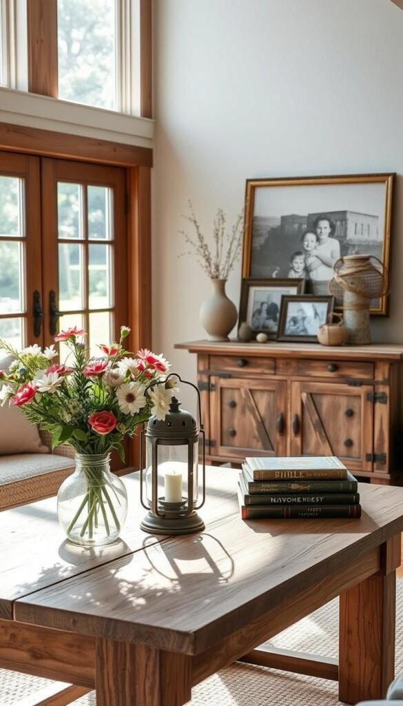 A cozy farmhouse living room with natural light streaming through large windows, casting a warm glow on a rustic wooden table adorned with a bouquet of freshly picked flowers, a vintage lantern, and a stack of antique books. In the background, a weathered wooden console table displays artfully arranged decorative elements such as a ceramic vase, a woven basket, and a collection of framed family photographs. Soft textures, earthy tones, and a touch of greenery complete the inviting, well-curated scene, creating a harmonious and charming ambiance. A cozy farmhouse living room with natural light streaming through large windows, casting a warm glow on a rustic wooden table adorned with a bouquet of freshly picked flowers, a vintage lantern, and a stack of antique books. In the background, a weathered wooden console table displays artfully arranged decorative elements such as a ceramic vase, a woven basket, and a collection of framed family photographs. Soft textures, earthy tones, and a touch of greenery complete the inviting, well-curated scene, creating a harmonious and charming ambiance.