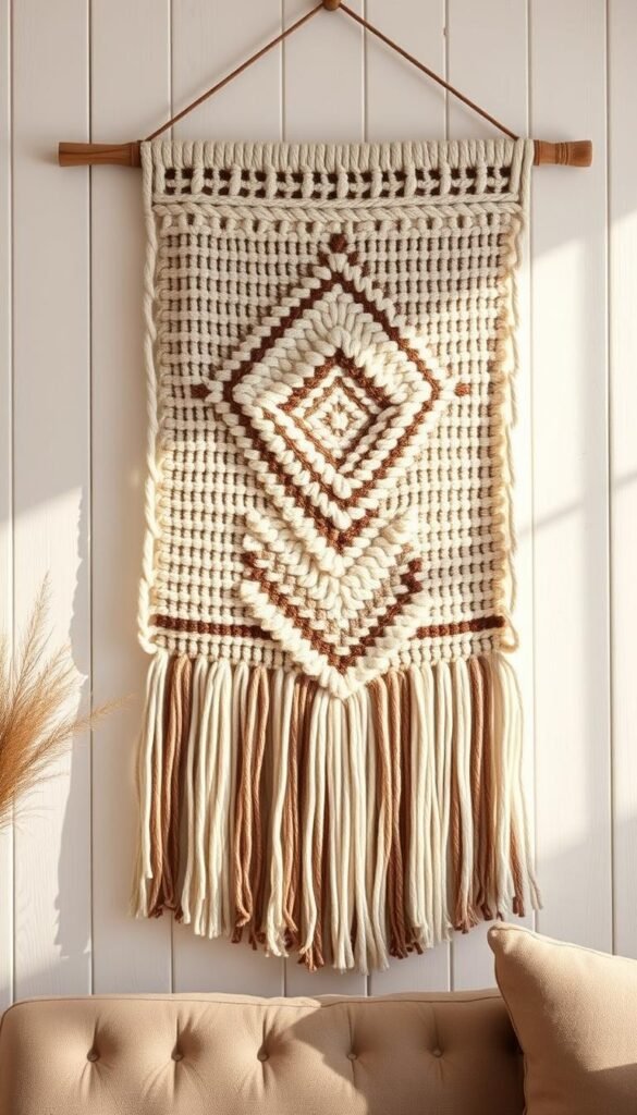 A cozy farmhouse-style textile wall hanging, featuring a soft, woven texture in neutral tones of beige, ivory, and earthy browns. The intricate, geometric pattern creates visual depth and a sense of rustic elegance. The piece is illuminated by warm, diffused lighting, casting gentle shadows that accentuate the tactile qualities of the fabric. Positioned against a whitewashed wooden wall, the hanging adds layers of texture and visual interest, perfectly complementing the chic, minimalist aesthetic of the modern farmhouse living room.