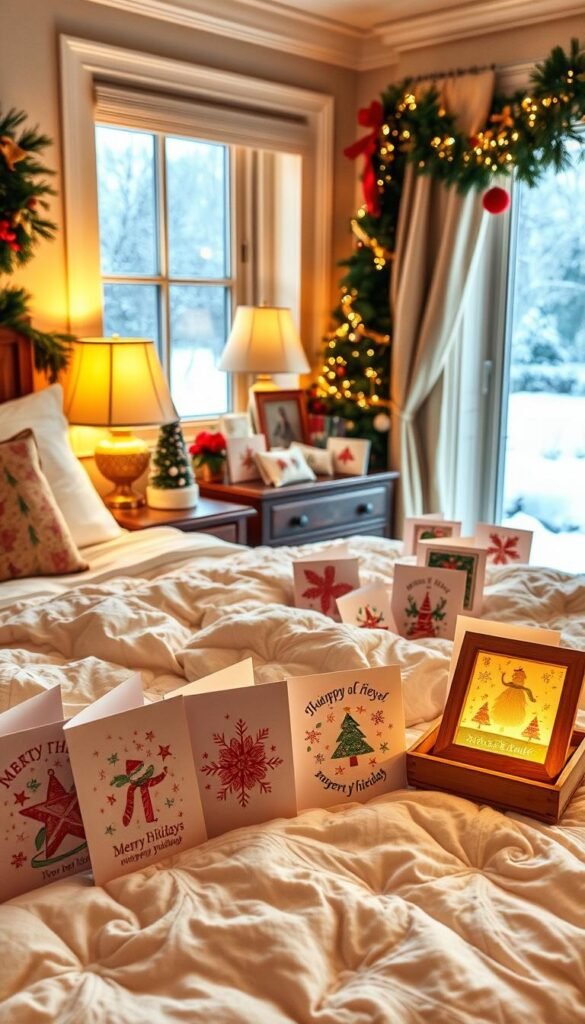 A cozy, festive bedroom adorned with an array of vibrant, hand-crafted greeting cards. In the foreground, delicate holiday cards in whimsical designs stand propped against a plush bedspread, their intricate patterns catching the warm, golden light from a bedside lamp. In the middle ground, more cards are carefully arranged on a nightstand, some even tucked into a small, wooden frame, creating a charming, personalized display. The background features a snow-covered landscape visible through a frost-rimmed window, adding a serene, wintry atmosphere to the scene. The overall mood is one of seasonal cheer and homespun elegance, inviting the viewer to create their own holiday-inspired bedroom sanctuary.