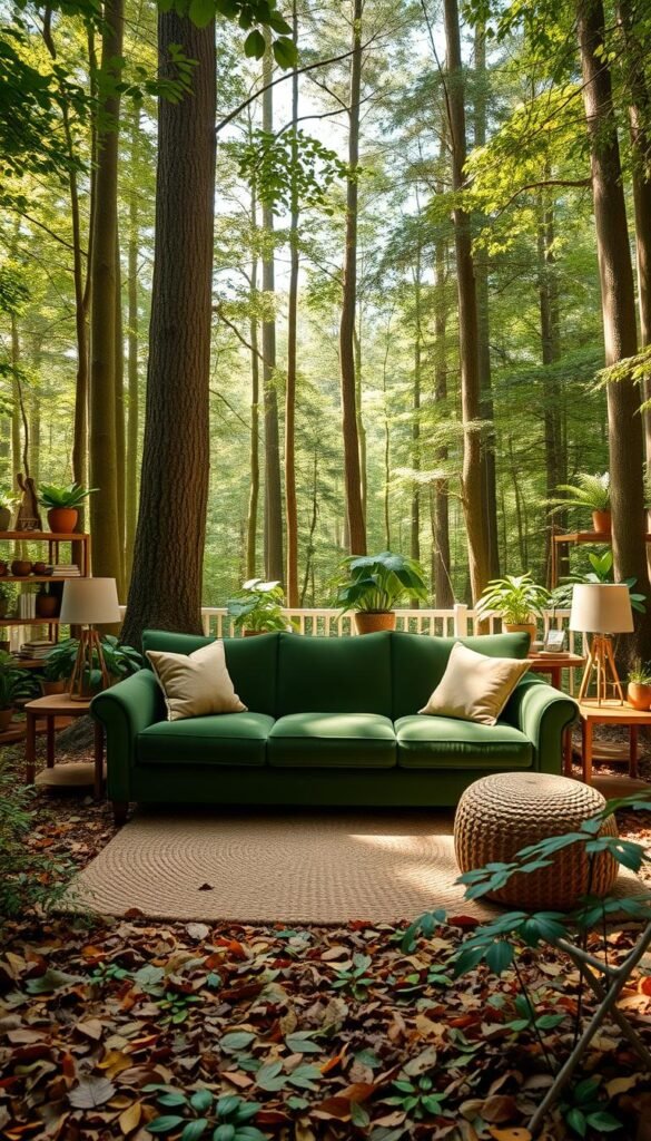 A cozy forest floor living room with a warm, earthy color palette. Lush greenery and fallen leaves cover the ground, creating a natural, organic atmosphere. Sunlight filters through the tall trees, casting a soft, golden glow over the space. A plush, deep green velvet sofa sits atop a woven natural fiber rug, surrounded by wooden side tables and shelves filled with plants and nature-inspired decor. Neutral tones of tan, beige, and brown accent the room, complemented by pops of rust, ochre, and sage. The overall effect is a serene, grounded space that evokes the tranquility of the forest.