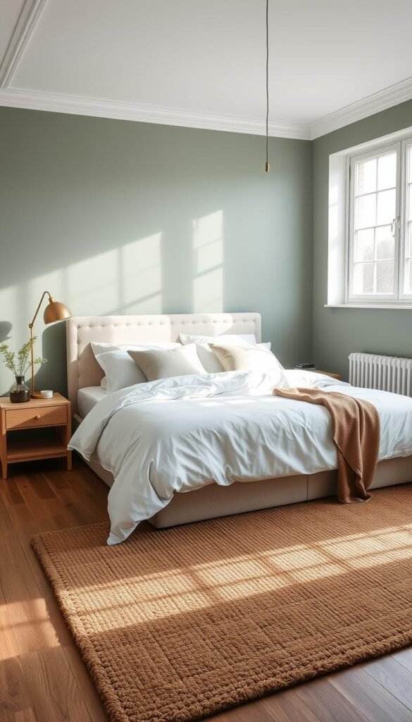 A cozy, harmoniously balanced bedroom with a soothing yet modern color palette. The sunlit space features soft, muted hues of sage green and smoky blue on the walls, complemented by crisp white bedding and accents. A plush, textured rug in earthy tones anchors the composition, while a pair of natural wood nightstands and a minimalist brass pendant light add warmth and sophistication. The overall atmosphere evokes a sense of tranquility and effortless style, perfect for a restful retreat.