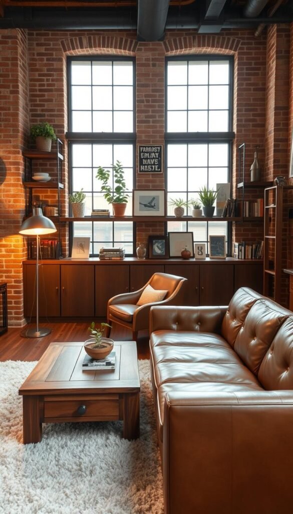 A cozy industrial-style living room with a mix of exposed brick, rustic wood, and metal accents. In the foreground, a comfortable leather sofa and a wooden coffee table sit atop a plush area rug. Behind them, a vintage armchair and a modern floor lamp create a warm, inviting atmosphere. The middle ground features built-in shelves displaying various decorative elements, including potted plants, books, and industrial-inspired artwork. The background showcases large windows letting in natural light, casting a warm glow throughout the space. The overall scene conveys a perfect blend of industrial chic and modern comfort, suitable for a stylish and functional living room.