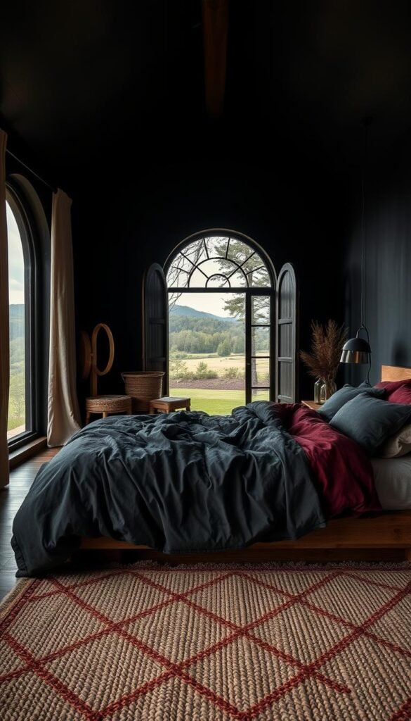 A cozy, intimate bedroom with deep, rich colors and soft textures. The walls are painted in a moody, dark charcoal hue, creating a cocoon-like ambiance. In the foreground, a plush, inviting bed is dressed in rumpled linens in shades of charcoal and burgundy, suggesting a recent moment of passion. Soft, indirect lighting casts a warm glow, accentuating the natural wood tones and woven textiles. The middle ground features a handwoven area rug in earthy tones, adding depth and texture. In the background, a large, arched window frames a tranquil, natural landscape, blurring the boundaries between interior and exterior. The overall scene evokes a sense of sensual, enveloping intimacy.