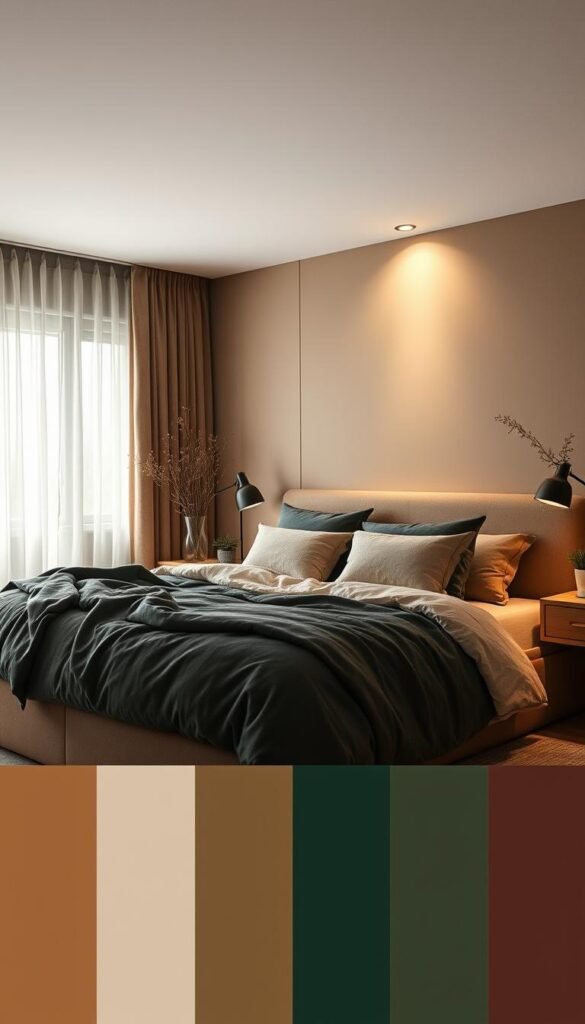 A cozy, inviting 2026 bedroom color palette, captured in a warm, ambient light. A serene palette of muted earth tones and soft neutrals dominate the scene, with accents of deep forest green and muted ochre. Textured fabrics, like lush velvet and natural fibers, adorn the bed and window treatments, creating a sense of comfort and luxury. Indirect lighting casts a gentle glow, highlighting the natural wood tones of the furniture. The overall atmosphere is one of tranquility and relaxation, perfect for a modern, soothing bedroom design.