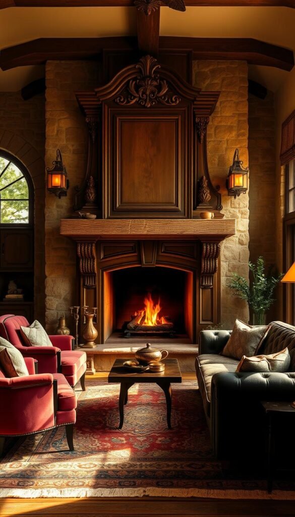 A cozy, inviting Spanish living room with a striking fireplace as the focal point. A sturdy, intricately carved mantelpiece in rich, warm wood tones anchors the space, casting a soft, ambient glow from the crackling fire within. Rustic stone walls surround the fireplace, adding a touch of rustic charm. Plush, jewel-toned armchairs and a deep, tufted sofa invite relaxation, while intricate patterned rugs and textiles lend layers of texture. Diffused, golden light streams in through large windows, creating a serene, harmonious atmosphere. The overall scene exudes a harmonious blend of traditional Spanish elegance and modern comfort.