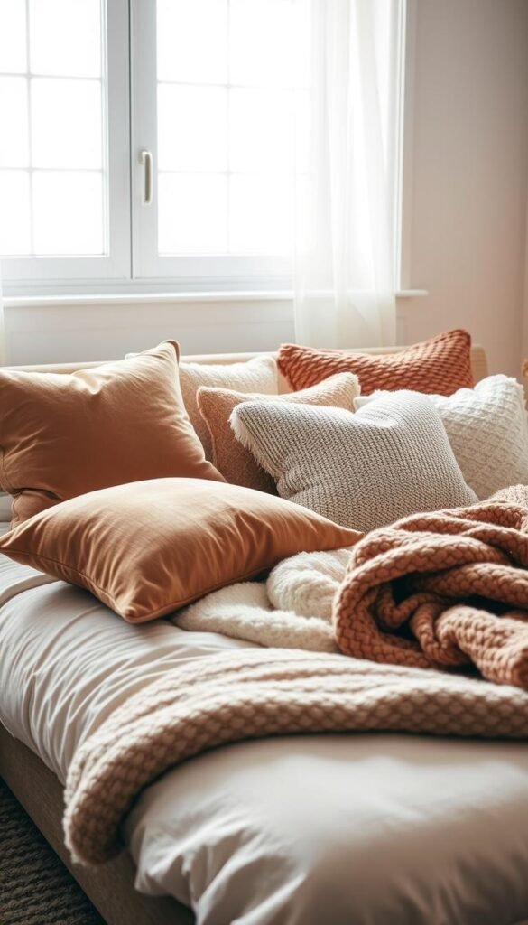 A cozy, inviting bedroom scene featuring an assortment of plush, textured pillows and throws artfully arranged on a low-profile, contemporary bed. Soft, diffused lighting from a large window creates a warm, ambient glow, accentuating the luxurious fabrics and materials. The pillows and throws showcase a mix of solid colors, patterns, and textures, such as velvet, chenille, and chunky knits, strategically placed to create visual interest and depth. The overall composition conveys a sense of comfort, relaxation, and hygge, inviting the viewer to imagine sinking into the plush bedding. The image should be captured at a medium angle, emphasizing the layered, curated feel of the bedding display.