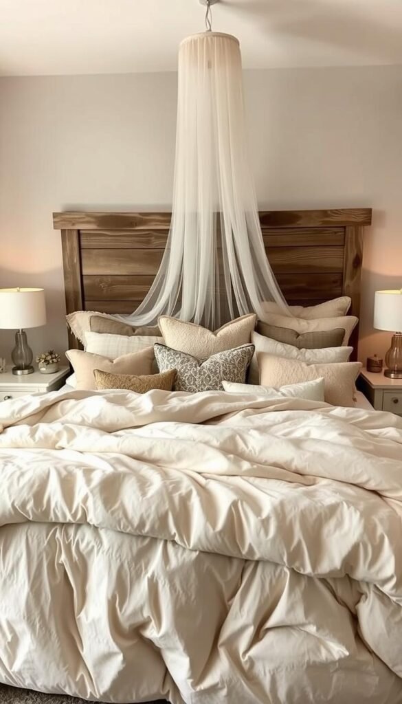 A cozy, inviting bedroom scene with a layered, well-styled bed. In the foreground, a plush, oversized duvet in a soft, neutral hue cascades over the bed frame. Piled high with an array of throw pillows in complementary shades and textures, creating a visually appealing and tactile display. In the middle ground, a delicate, sheer canopy descends from the ceiling, adding a romantic, dreamy ambiance. The background features a rustic, weathered wood headboard, flanked by matching nightstands adorned with simple, elegant table lamps. The lighting is soft and diffused, casting a warm, inviting glow throughout the space. The overall scene conveys a sense of comfort, relaxation, and Pinterest-perfect style.