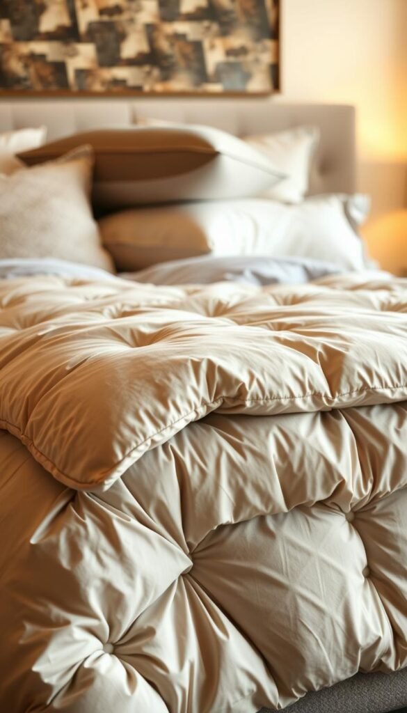 A cozy, inviting bedroom scene with a luxurious, layered bedding arrangement. In the foreground, a plush, tufted duvet cover in a soft, neutral tone cascades over the edge of a king-sized bed, its folds and textures creating a sense of warmth and comfort. Stacked on top, a collection of throw pillows in complementary hues and patterns add depth and visual interest. In the middle ground, a fluffy, down-filled comforter in a muted color palette provides an extra layer of coziness. The background features warm, diffused lighting, casting a gentle glow on the scene and enhancing the serene, peaceful atmosphere. The overall composition conveys a sense of layered bedding luxury and ultimate relaxation.