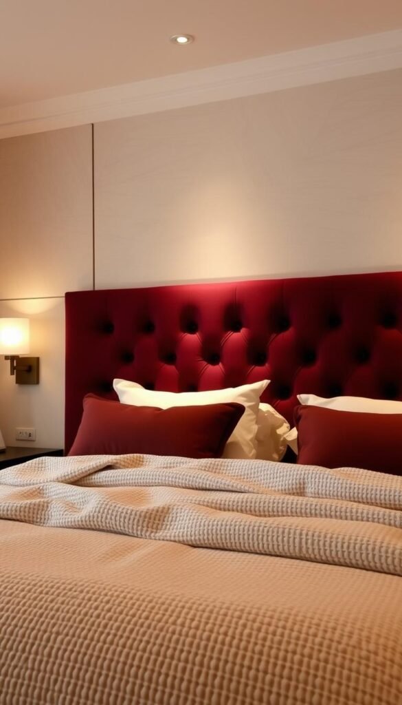 A cozy, inviting bedroom with a statement headboard design. In the foreground, a luxurious, tufted headboard in a rich, velvety fabric, perhaps burgundy or deep navy, commands attention. Soft, indirect lighting from sconces on either side casts a warm glow, creating a sense of comfort and relaxation. In the middle ground, a plush, textured duvet cover in a complementary neutral tone, like ivory or beige, adorns the bed, inviting you to sink in. The background features a neutral-toned, feature wall with subtle, geometric patterns that add depth and visual interest, creating a serene, spa-like atmosphere. The overall scene exudes a cozy, peaceful ambiance, perfectly suited for the "Bedroom Decor Cozy" theme.