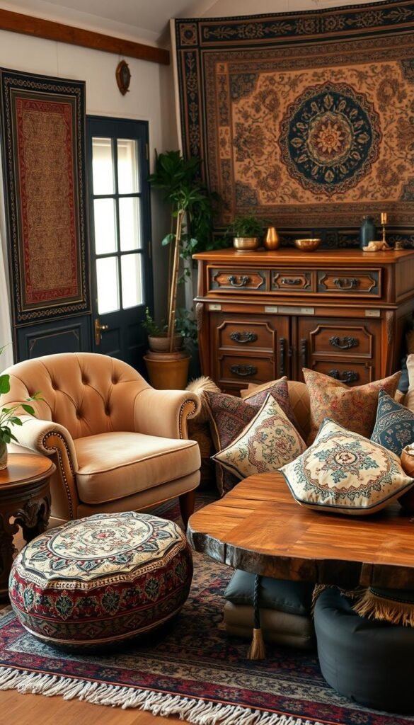 A cozy, inviting bohemian bedroom with an eclectic mix of furniture pieces. In the foreground, a plush, tufted velvet armchair with brass accents sits next to a carved wooden side table, adorned with a lush, trailing plant. In the middle ground, a low, rustic wooden coffee table is surrounded by an assortment of pillows and poufs in earthy tones and intricate patterns. Behind, a vintage dresser with ornate detailing stands against a wall covered in a tapestry, casting a warm, ambient glow. The overall scene exudes a relaxed, free-spirited atmosphere.