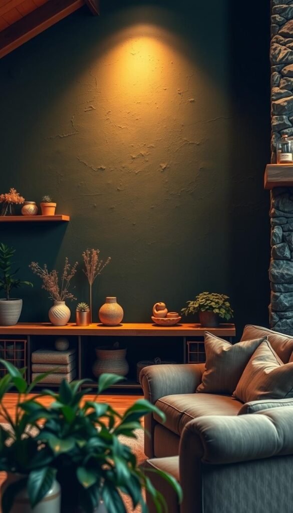 A cozy, inviting forest green accent wall, illuminated by soft, warm lighting, casting a gentle glow on the surrounding space. The texture of the wall is rich and dimensional, with subtle variations in tone that add depth and character. In the foreground, a tasteful arrangement of potted plants and natural decor elements, such as wooden shelves or a rustic console table, complement the earthy tones. The middle ground features plush, comfortable furniture, like a deep, overstuffed armchair or a cozy loveseat, inviting the viewer to settle in and enjoy the serene, tranquil atmosphere. The background showcases a blend of natural elements, such as wooden beams or stone accents, creating a harmonious, nature-inspired setting. The overall mood is one of warmth, comfort, and an appreciation for the beauty of the natural world.