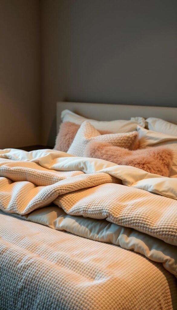 A cozy, inviting guest bedroom with plush layers of textured blankets in neutral tones. Muted lighting casts a warm, intimate glow, creating a serene, hotel-inspired ambiance. Soft, luxurious comforters in shades of cream and beige are neatly folded at the foot of the bed, ready to be easily accessed and layered as needed. Fluffy throw pillows in complementary hues add to the cozy, welcoming feel. The overall scene conveys a sense of effortless comfort and hospitality, setting the stage for a relaxing guest experience.