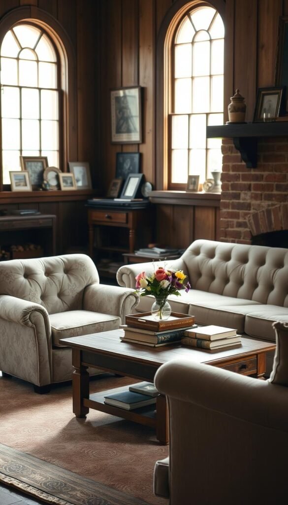 A cozy, inviting living room in a charming cottage, with soft, plush furniture pieces arranged in a warm, intimate setting. In the foreground, a deep, overstuffed armchair upholstered in a muted floral pattern sits next to a tufted, button-back sofa in a neutral beige tone. A wooden coffee table with a distressed finish occupies the center, adorned with a vase of fresh flowers and a stack of well-worn books. Soft, natural light filters in through large, mullioned windows, casting a gentle glow on the room. The walls are adorned with rustic wood paneling, and a brick fireplace with a mantel decorated with vintage trinkets and frames creates a focal point. The overall atmosphere is one of comfort, relaxation, and timeless charm.