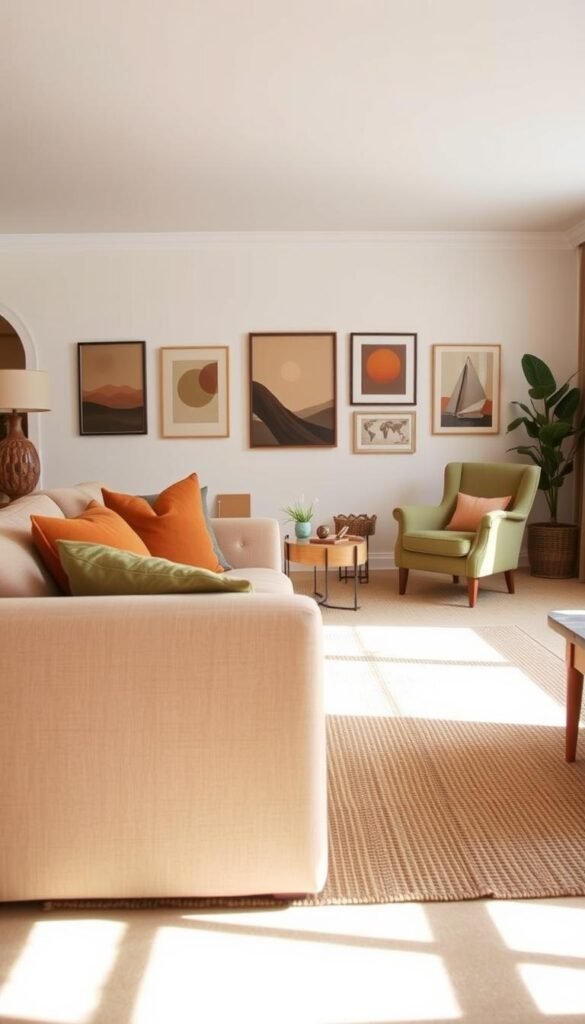 A cozy, inviting living room with a warm, earthy color palette. The foreground features a plush, oatmeal-colored sofa accented with throw pillows in shades of ochre, terracotta, and sage. A large, natural-fiber area rug anchors the space, its muted tones echoing the hues of the furniture. The middle ground showcases a pair of vintage-inspired armchairs upholstered in a muted olive green, complemented by a low, wooden coffee table. The background depicts a wall adorned with framed art prints in earthy tones, creating a cohesive and serene atmosphere. Soft, diffused lighting casts a gentle glow, evoking a sense of relaxation and comfort.
