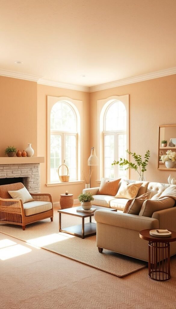 A cozy, inviting living room with walls painted in warm, neutral tones. The color palette features a soft, creamy beige as the main backdrop, complemented by accents of tan, light taupe, and subtle hints of warm gray. The lighting is natural, streaming in through large windows, casting a gentle, golden glow across the room. The texture of the walls is slightly textured, adding depth and character to the space. The room has a welcoming, harmonious atmosphere, creating a perfect foundation for a modern, charming cottage-style interior.