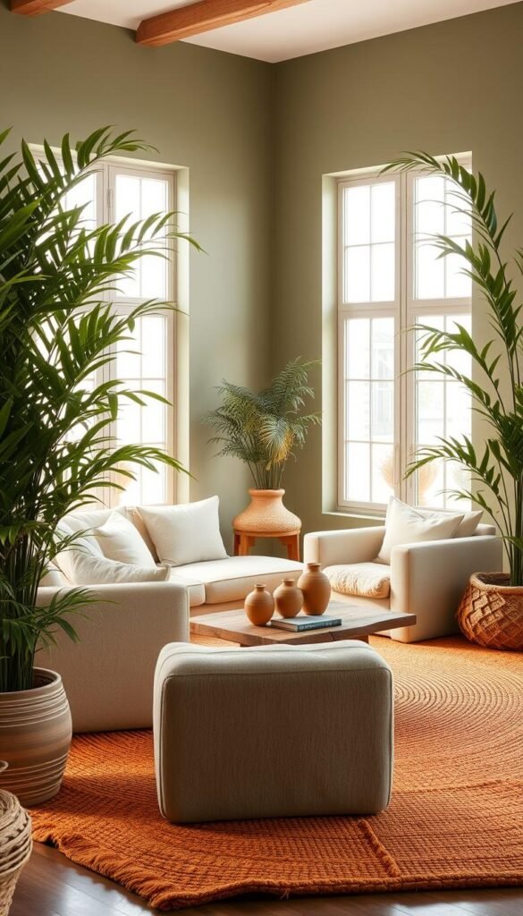 A cozy, inviting living space bathed in earthy, natural tones. In the foreground, a plush, neutral-colored sofa and armchair sit atop a woven area rug in warm ochre and terracotta hues. Framing the seating arrangement, tall, potted plants with lush, verdant foliage create a sense of grounding and tranquility. The middle ground features a low, wooden coffee table adorned with ceramic vases and a stack of earthy-toned books. Soft, diffused lighting filters in through large windows, casting a gentle, calming glow throughout the space. In the background, the walls are painted in a soothing, muted shade of green, complementing the natural tones and textures that permeate the room, creating a harmonious and restorative atmosphere.