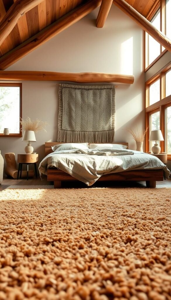 A cozy, inviting natural materials bedroom texture with warm, earthy tones and tactile surfaces. In the foreground, a plush, textured area rug in muted shades of ochre, sienna, and sage. Smooth, gnarled wood nightstands flank a low, platform bed adorned with lush, organic bedding in a neutral palette. The midground showcases a woven jute wall hanging, its intricate patterns casting gentle shadows. In the background, rough-hewn wooden beams support a vaulted ceiling, while large windows allow natural light to flood the space, casting a soft, golden glow. The overall atmosphere is one of tranquility, comfort, and a connection to the natural world. A cozy, inviting natural materials bedroom texture with warm, earthy tones and tactile surfaces. In the foreground, a plush, textured area rug in muted shades of ochre, sienna, and sage. Smooth, gnarled wood nightstands flank a low, platform bed adorned with lush, organic bedding in a neutral palette. The midground showcases a woven jute wall hanging, its intricate patterns casting gentle shadows. In the background, rough-hewn wooden beams support a vaulted ceiling, while large windows allow natural light to flood the space, casting a soft, golden glow. The overall atmosphere is one of tranquility, comfort, and a connection to the natural world.