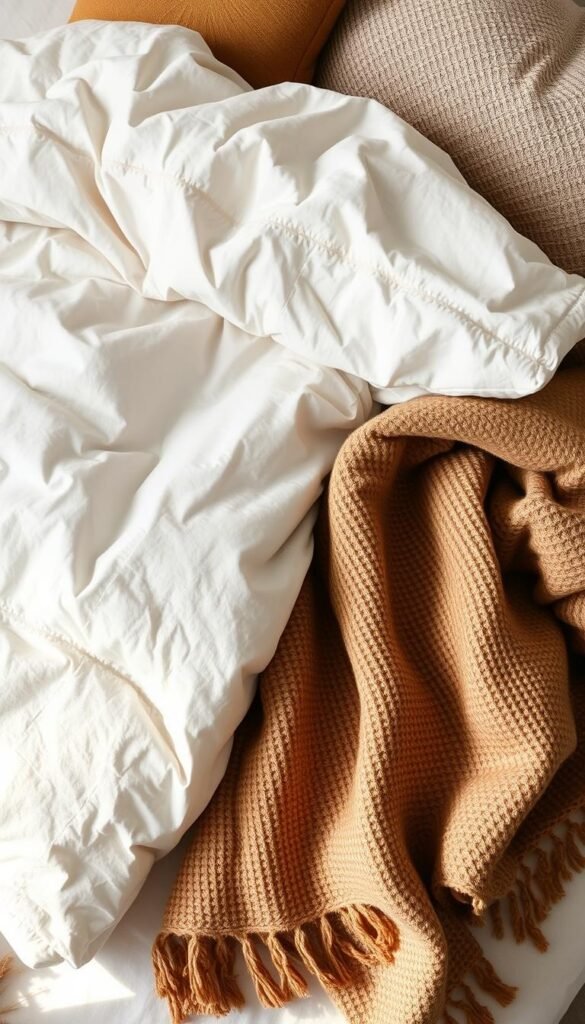 A cozy, inviting scene of layered bedding in natural hues and textures. A plush, off-white duvet cover with subtle stitching patterns rests atop a linen sheet, its soft creases and folds adding dimension. Contrasting this are the textured throw blankets - one in a warm, earthy tone, the other a woven neutral. Accent pillows in complementary shades and fabrics complete the tranquil, natural composition. Soft, diffused lighting illuminates the scene, casting gentle shadows that accentuate the organic textures. The overall atmosphere evokes a sense of comfort and rustic elegance, perfectly suited for an earthy, stylish bedroom. A cozy, inviting scene of layered bedding in natural hues and textures. A plush, off-white duvet cover with subtle stitching patterns rests atop a linen sheet, its soft creases and folds adding dimension. Contrasting this are the textured throw blankets - one in a warm, earthy tone, the other a woven neutral. Accent pillows in complementary shades and fabrics complete the tranquil, natural composition. Soft, diffused lighting illuminates the scene, casting gentle shadows that accentuate the organic textures. The overall atmosphere evokes a sense of comfort and rustic elegance, perfectly suited for an earthy, stylish bedroom.