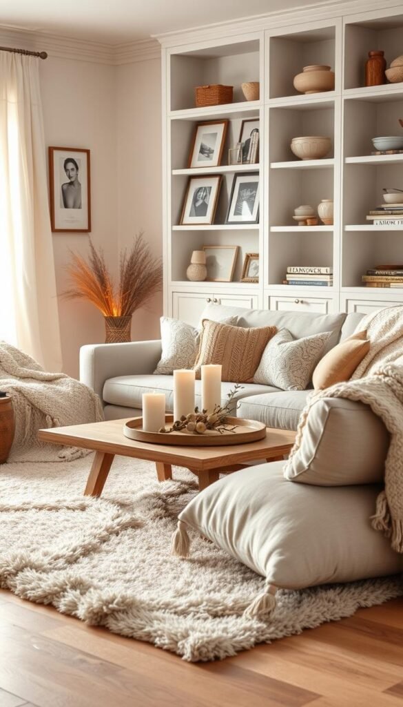 A cozy ivory living room bathed in warm, soft lighting. In the foreground, a plush area rug and a layered arrangement of knitted throws, velvet cushions, and tasseled pillows. In the middle ground, a wooden coffee table with a centerpiece of candles and dried botanicals. Behind, bookshelves adorned with framed artwork and ceramics, and a large, inviting sofa draped with a fluffy, oversized blanket. The overall atmosphere is one of comfort, texture, and a sense of layered, hygge-inspired coziness.