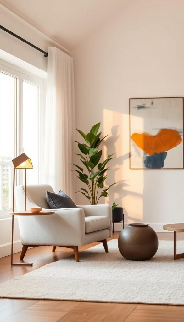 A cozy ivory living room with a mid-century modern aesthetic. In the foreground, a plush ivory armchair with a bold accent pillow in a contrasting charcoal gray. Placed next to it, a sleek side table with a minimalist geometric lamp casting warm, golden light. In the middle ground, a large neutral area rug anchors the space, while a tall plant in a black ceramic pot adds a touch of greenery. The background features crisp white walls adorned with a abstract art piece in shades of indigo and ochre, creating a focal point that draws the eye. Soft natural light filters in through large windows, infusing the room with a serene and inviting atmosphere.