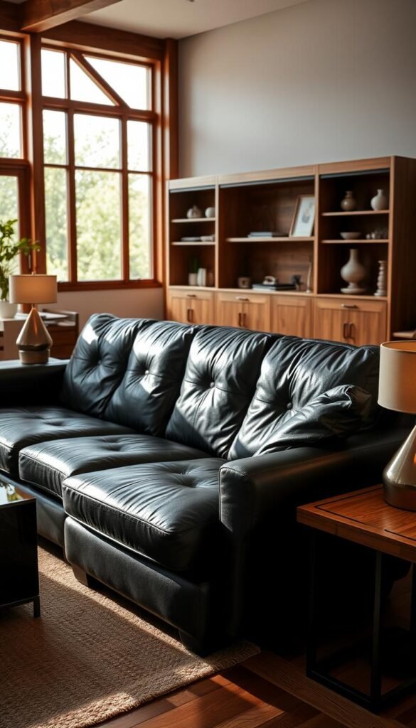 A cozy living room arrangement featuring a prominent black leather sofa anchoring the space, complemented by warm-toned wooden furniture. The sofa is flanked by a pair of sleek end tables with minimalist lamps casting a soft glow. In the background, a large wooden entertainment unit displays decorative items, creating a harmonious balance between the dark and light tones. The scene is bathed in natural light filtering through large windows, lending a inviting, serene atmosphere. The overall composition emphasizes the contrast and interplay between the robust black leather and the rich wooden textures, resulting in a visually striking yet comfortable living area.