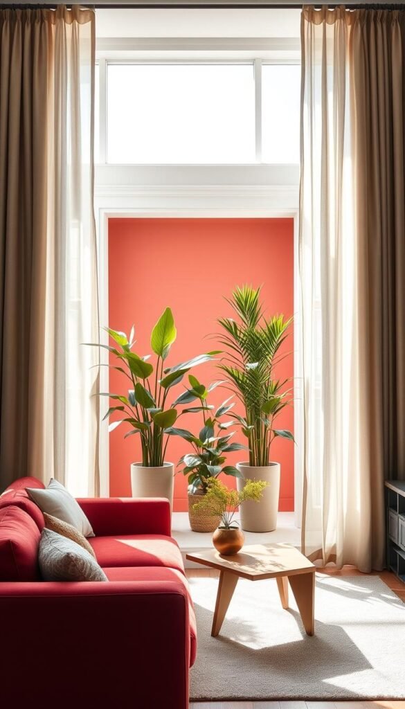 A cozy living room bathed in natural light, with a set of neutral-toned curtains framing a boldly decorated space. The curtains, in a soft linen or cotton blend, gently cascade from ceiling to floor, their muted tones creating a calming, grounding presence. In the foreground, a plush, inviting sofa in a vibrant jewel-toned hue commands attention, while a modern, angular coffee table in a rich wood finish grounds the space. Towering houseplants in the middle ground add a touch of organic warmth, their lush foliage complementing the neutral curtains. The background features an accent wall in a bold, contrasting color, creating a dynamic and visually striking focal point. The overall mood is one of refined elegance, where the neutral curtains serve to balance the room's bold and eclectic elements.