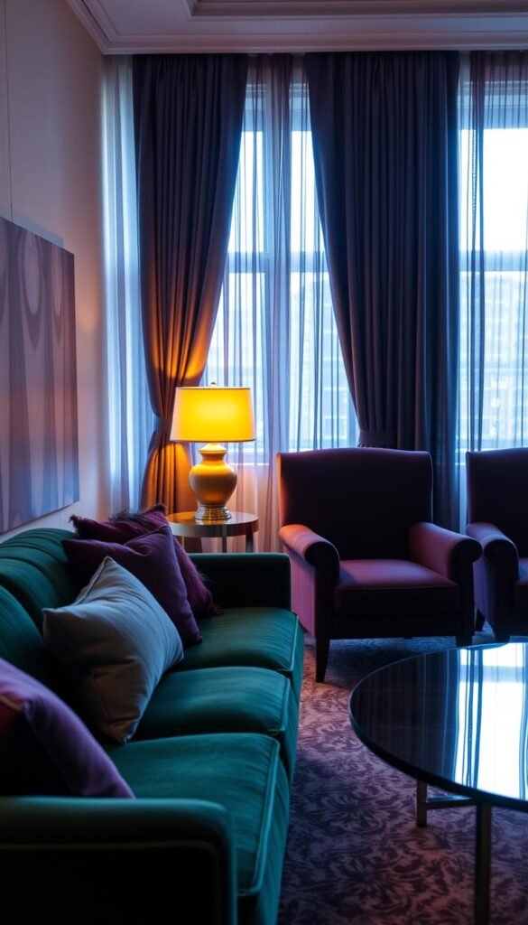 A cozy living room bathed in soft, jewel-toned light. The foreground features a plush, velvet sofa in a deep emerald green, complemented by a pair of elegant armchairs in a rich amethyst hue. The middle ground showcases a statement coffee table with a glass top, reflecting the warm, amber glow of a nearby table lamp. In the background, a pair of sheer curtains in a shimmering, sapphire blue sway gently, allowing natural light to filter in and create a serene, inviting atmosphere. The room's palette is a harmonious blend of muted, sophisticated tones that evoke a sense of refined elegance and tranquility.