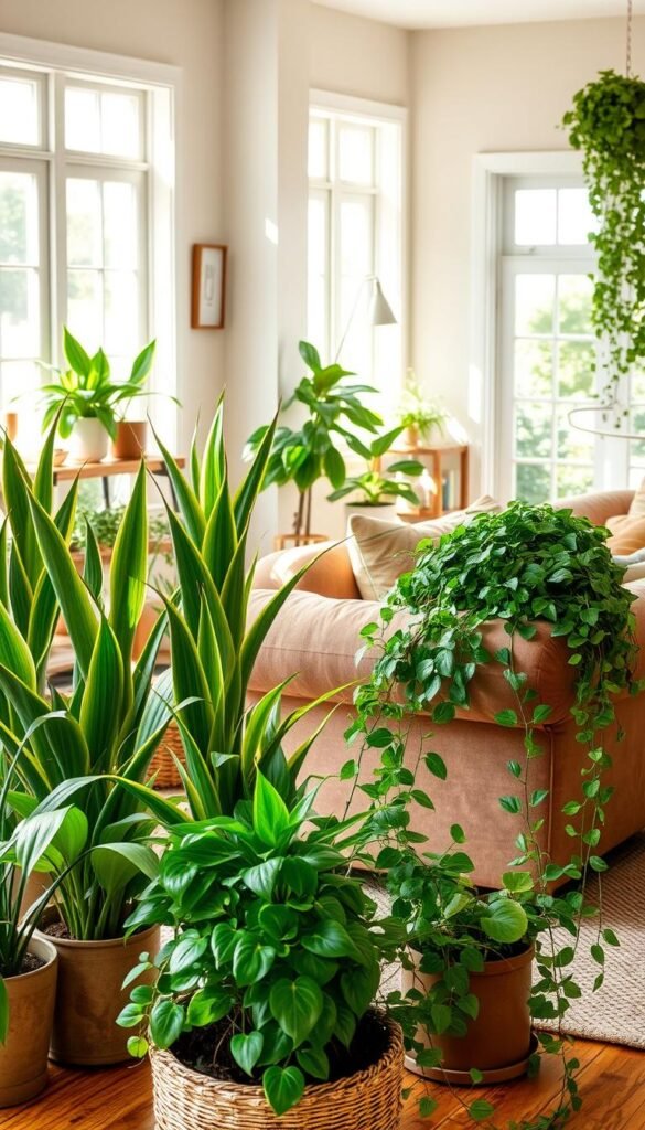 A cozy living room bathed in soft, natural light streaming through large windows. In the foreground, a collection of lush, verdant potted plants in various shapes and sizes - from tall, slender snake plants to bushy, trailing ivy. The plants are strategically placed on side tables, shelves, and even on the floor, adding pops of vibrant green that contrast beautifully with the room's earthy, neutral palette. The middle ground features plush, inviting seating - a large, overstuffed sofa and armchair, upholstered in warm, neutral tones. Touches of natural wood and woven textures tie the space together, creating a harmonious, grounded atmosphere. The background hints at additional greenery, perhaps through a window or doorway, further emphasizing the connection to nature. A cozy living room bathed in soft, natural light streaming through large windows. In the foreground, a collection of lush, verdant potted plants in various shapes and sizes - from tall, slender snake plants to bushy, trailing ivy. The plants are strategically placed on side tables, shelves, and even on the floor, adding pops of vibrant green that contrast beautifully with the room's earthy, neutral palette. The middle ground features plush, inviting seating - a large, overstuffed sofa and armchair, upholstered in warm, neutral tones. Touches of natural wood and woven textures tie the space together, creating a harmonious, grounded atmosphere. The background hints at additional greenery, perhaps through a window or doorway, further emphasizing the connection to nature.