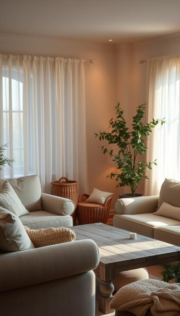 A cozy living room bathed in the soft, warm glow of ambient lighting. Gentle beams of light filter through sheer curtains, casting a tranquil, romantic atmosphere. Plush, overstuffed armchairs and a weathered wooden coffee table sit in the foreground, inviting relaxation. Calming neutral tones and natural textures, like woven baskets and lush greenery, create a soothing, cottagecore-inspired scene. The lighting is subtle yet impactful, illuminating the space with a dreamlike, ethereal quality. An intimate, inviting sanctuary perfect for curling up with a good book or enjoying quality time with loved ones.