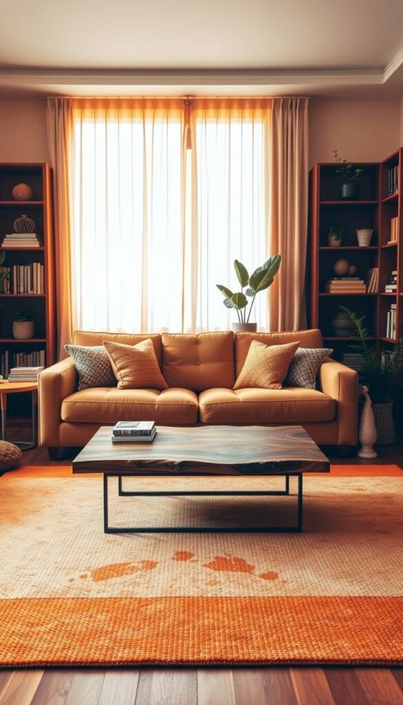 A cozy living room bathed in warm, earthy tones. Soft amber lighting filters through sheer curtains, casting a gentle glow over a plush, camel-colored sofa adorned with textured throw pillows. In the foreground, a modern coffee table with a rustic wood top sits atop a large, woven area rug in shades of ochre and terracotta. Bookshelves in a rich, walnut finish line the walls, complemented by potted plants and artful decor pieces that echo the natural color palette. The overall atmosphere is one of tranquility and grounded sophistication, inviting relaxation and mindful contemplation.